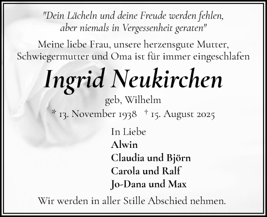 Traueranzeige von Ingrid Neukirchen von Flensburger Tageblatt