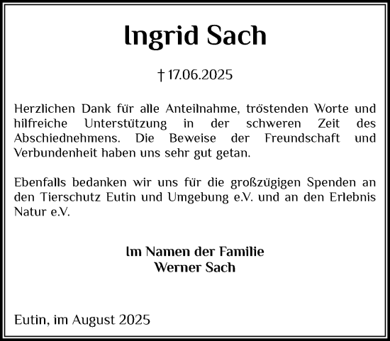Traueranzeige von Ingrid Sach von Ostholsteiner Anzeiger