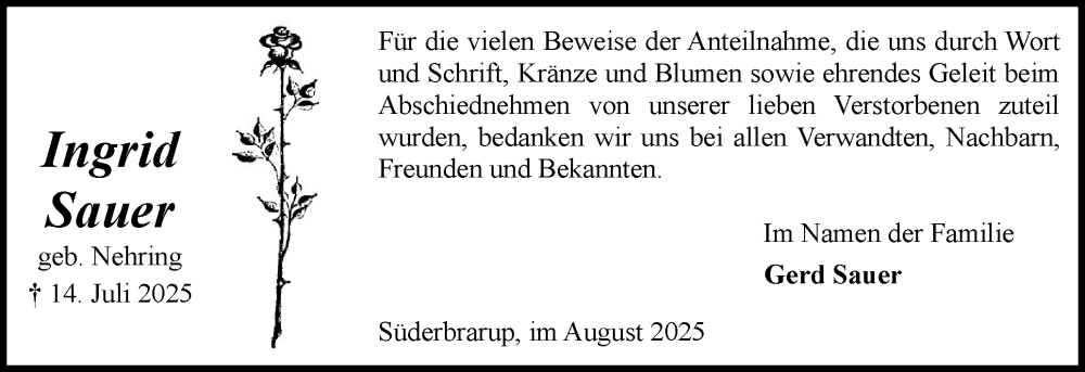  Traueranzeige für Ingrid Sauer vom 09.08.2025 aus Schleswiger Nachrichten, Schlei-Bote