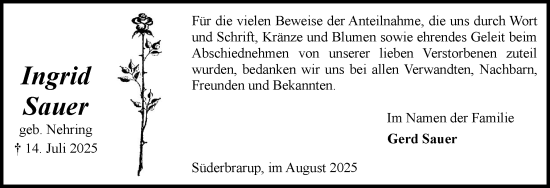 Traueranzeige von Ingrid Sauer von Schleswiger Nachrichten, Schlei-Bote