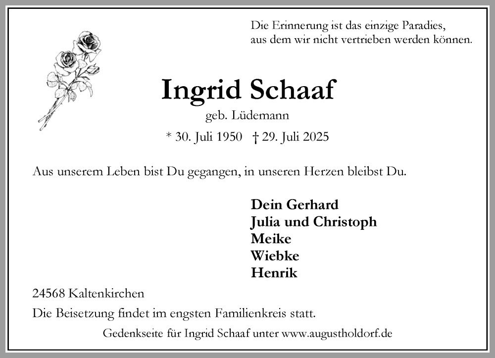  Traueranzeige für Ingrid Schaaf vom 09.08.2025 aus Umschau
