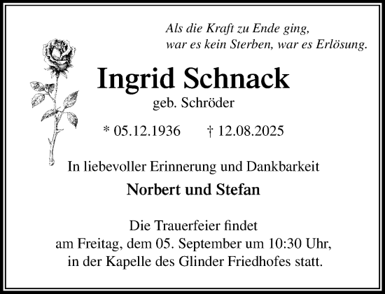 Traueranzeige von Ingrid Schnack von MARKT Glinde/Reinbek