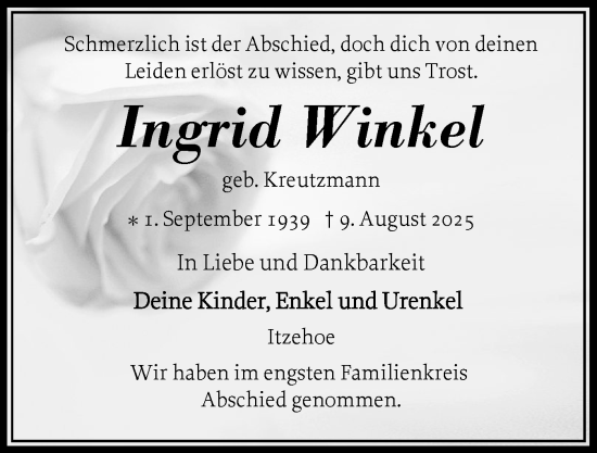 Traueranzeige von Ingrid Winkel von Norddeutsche Rundschau, Wilstersche Zeitung, Glückstädter Fortuna