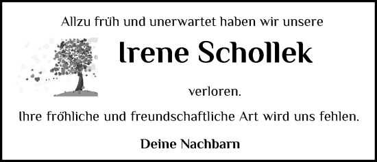 Traueranzeige von Irene Schollek von Husumer Nachrichten, Nordfriesland Tageblatt