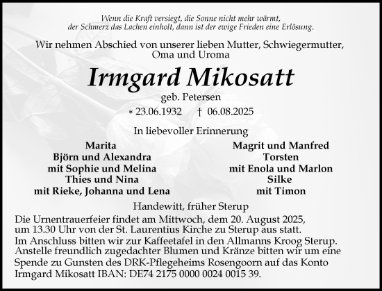 Traueranzeige von Irmgard Mikosatt von Region Flensburg