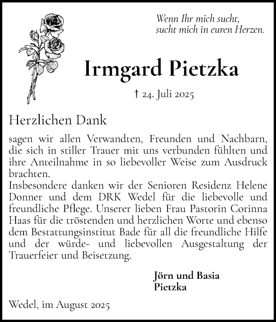 Traueranzeige von Irmgard Pietzka von Wedel-Schulauer Tageblatt, tip Wedel-Schulauer Tageblatt, tip Rissener Rundschau