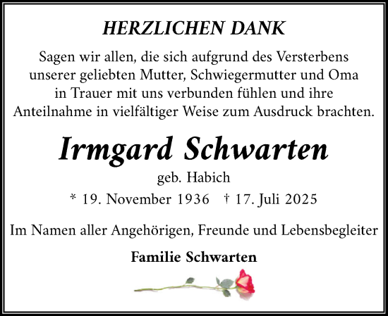 Traueranzeige von Irmgard Schwarten von Flensburger Tageblatt