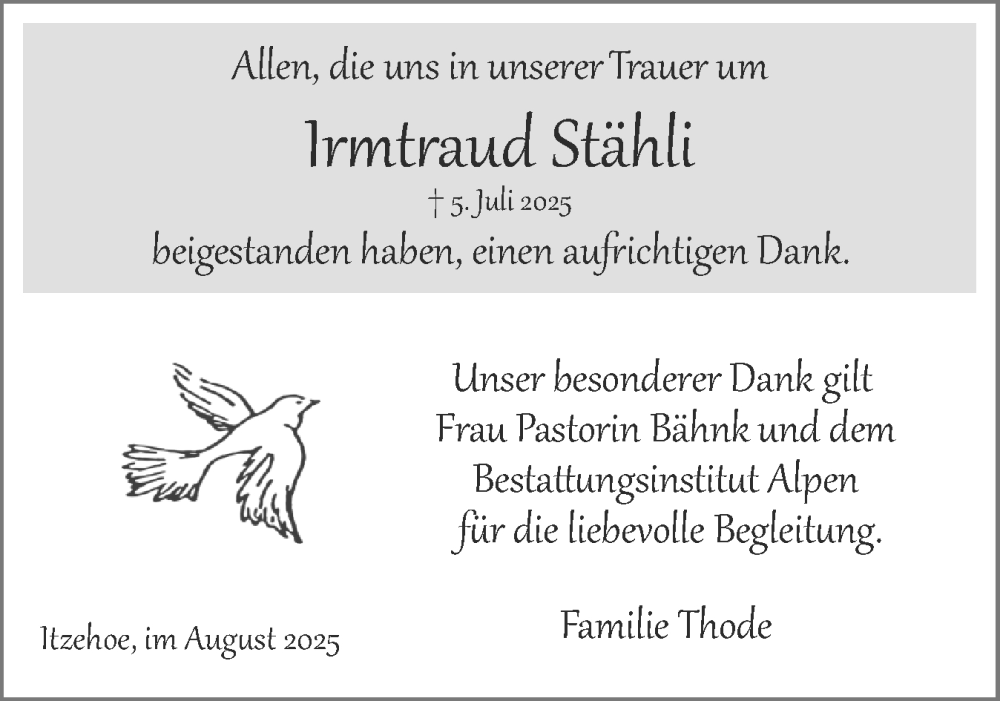  Traueranzeige für Irmtraud Stähli vom 02.08.2025 aus Norddeutsche Rundschau, Wilstersche Zeitung, Glückstädter Fortuna
