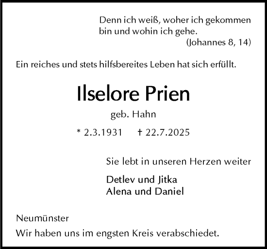 Traueranzeige von Iselore Prien von Holsteinischer Courier