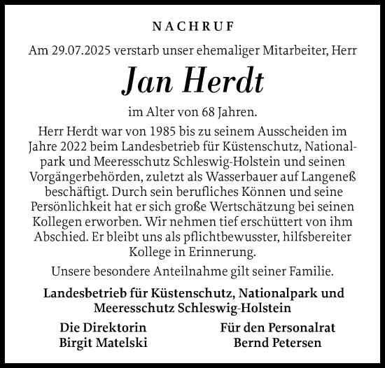 Traueranzeige von Jan Herdt von Region Westküste