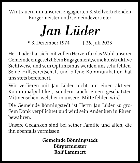 Traueranzeige von Jan Lüder von Region Pinneberg und tip Pinneberg