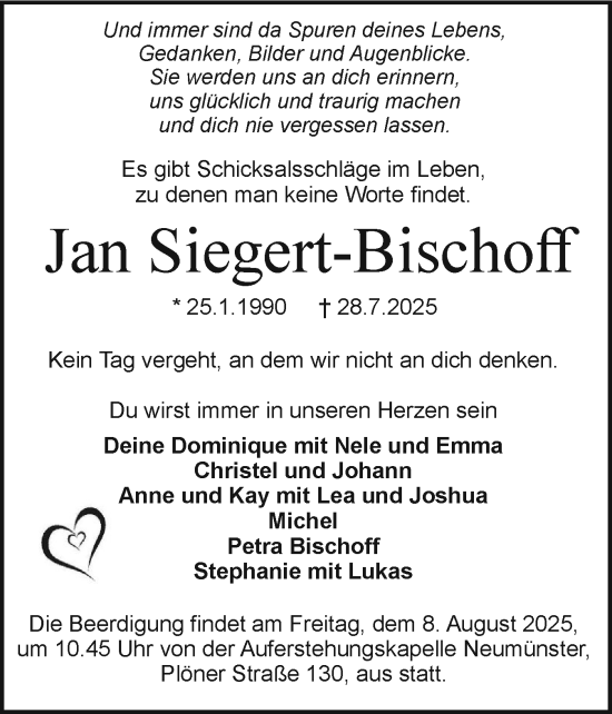 Traueranzeige von Jan Siegert-Bischoff von Holsteinischer Courier