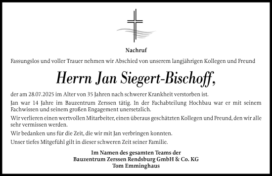 Traueranzeige von Jan Siegert-Bischoff von Schleswig-Holsteinische Landeszeitung