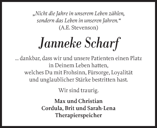 Traueranzeige von Janneke Scharf von Schleswiger Nachrichten, Schlei-Bote