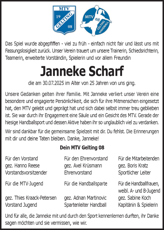Traueranzeige von Janneke Scharf von Flensburger Tageblatt, Schleswiger Nachrichten, Schlei-Bote