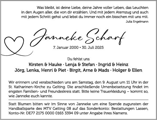 Traueranzeige von Janneke Selorf von Flensburger Tageblatt, Schleswiger Nachrichten, Schlei-Bote