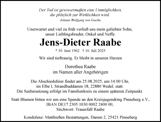 Traueranzeige von Jens-Dieter Raabe von Region Pinneberg und tip Pinneberg