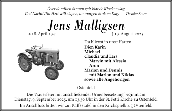 Traueranzeige von Jens Malligsen von Husumer Nachrichten, Nordfriesland Tageblatt