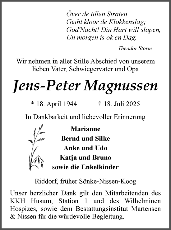 Traueranzeige von Jens-Peter Magnussen von Husumer Nachrichten, Nordfriesland Tageblatt