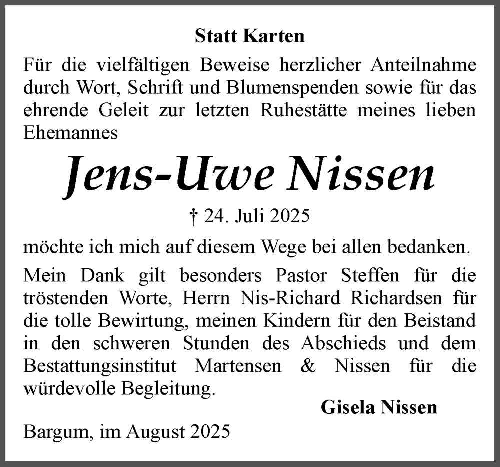  Traueranzeige für Jens-Uwe Nissen vom 23.08.2025 aus Husumer Nachrichten, Nordfriesland Tageblatt