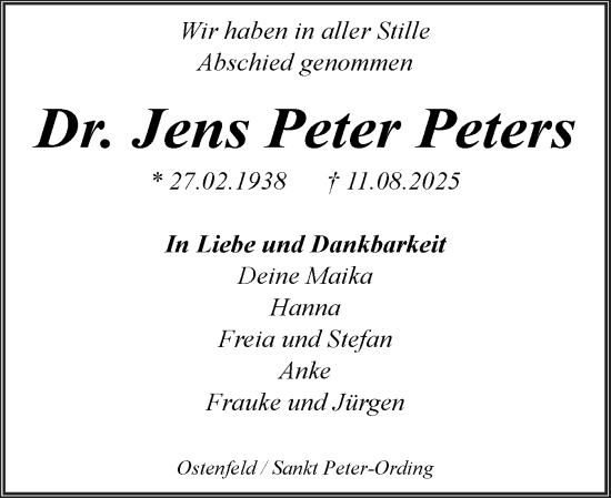 Traueranzeige von Jens Peter Peters von Schleswig-Holsteinische Landeszeitung