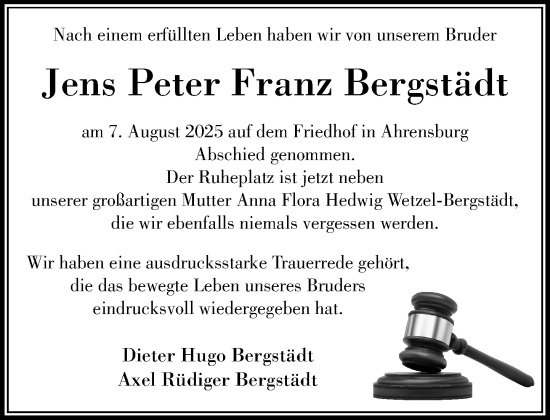 Traueranzeige von Jens Peter Franz Bergstädt von MARKT Bad Oldesloe/Reinfeld, MARKT Ahrensburg/Bargteheide/Trittau und Stormarner Tageblatt