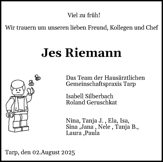 Traueranzeige von Jes Riemann von Flensburger Tageblatt, Schleswiger Nachrichten, Schlei-Bote