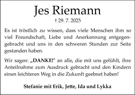 Traueranzeige von Jes Riemann von Flensburger Tageblatt