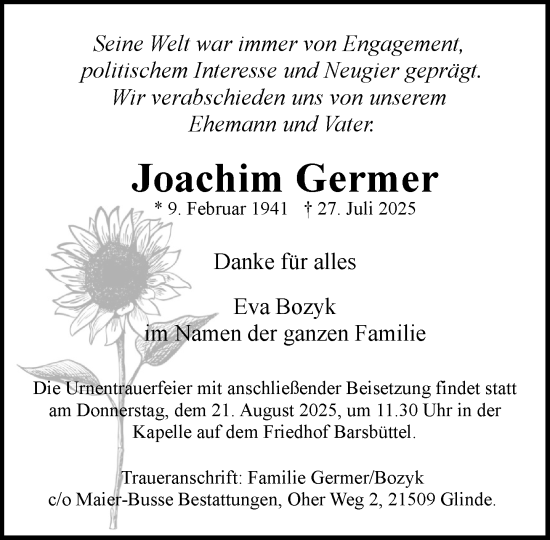 Traueranzeige von Joachim Germer von MARKT Glinde/Reinbek