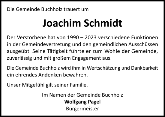 Traueranzeige von Joachim Schmidt von MARKT Ratzeburg/Mölln