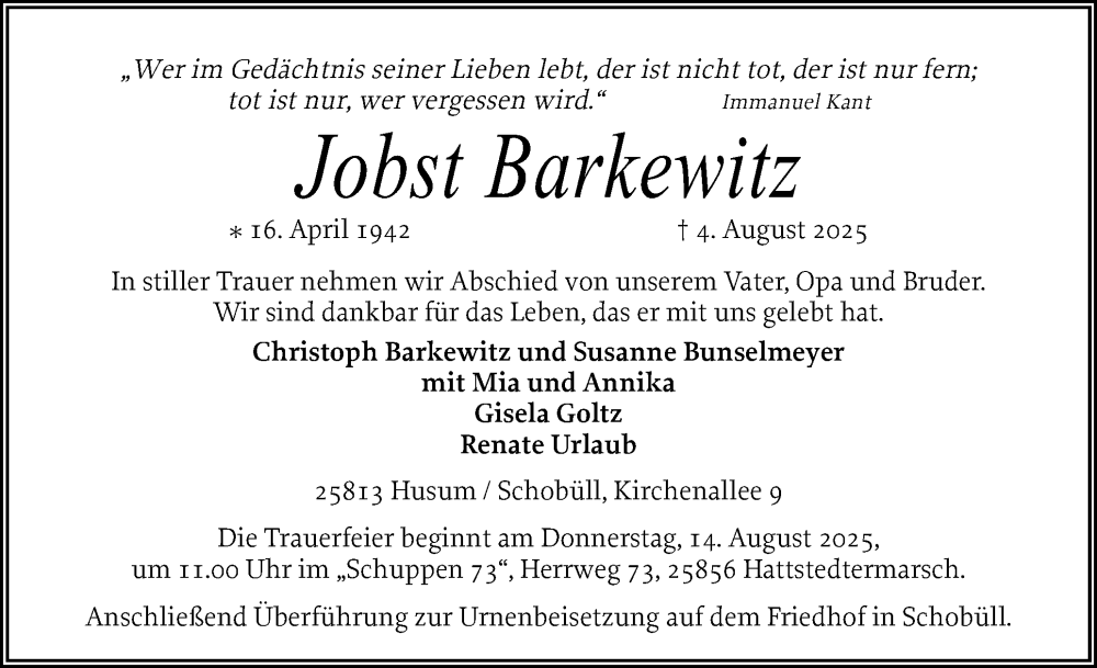  Traueranzeige für Jobst Barkewitz vom 09.08.2025 aus Region Flensburg