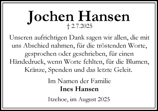 Traueranzeige von Jochen Hansen von Norddeutsche Rundschau, Wilstersche Zeitung, Glückstädter Fortuna