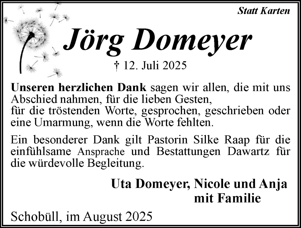  Traueranzeige für Jörg Domeyer vom 16.08.2025 aus Husumer Nachrichten, Nordfriesland Tageblatt