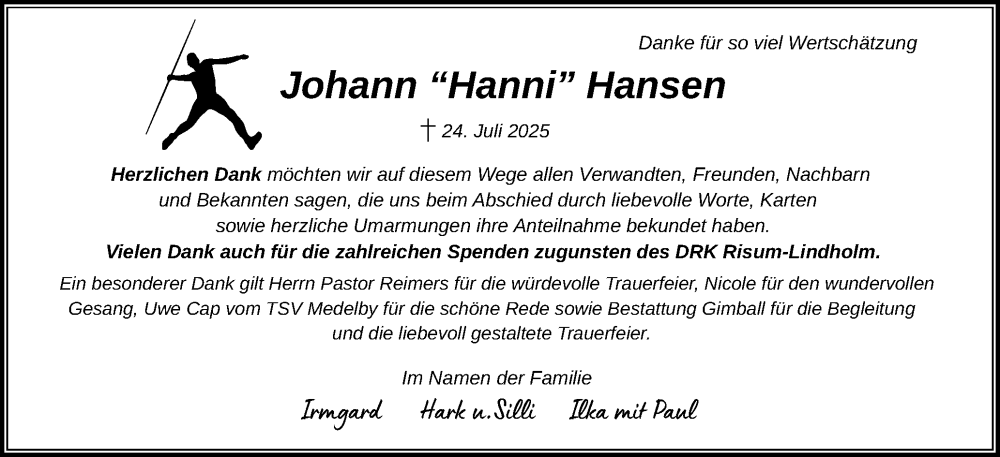  Traueranzeige für Johann Hansen vom 29.08.2025 aus Husumer Nachrichten, Nordfriesland Tageblatt