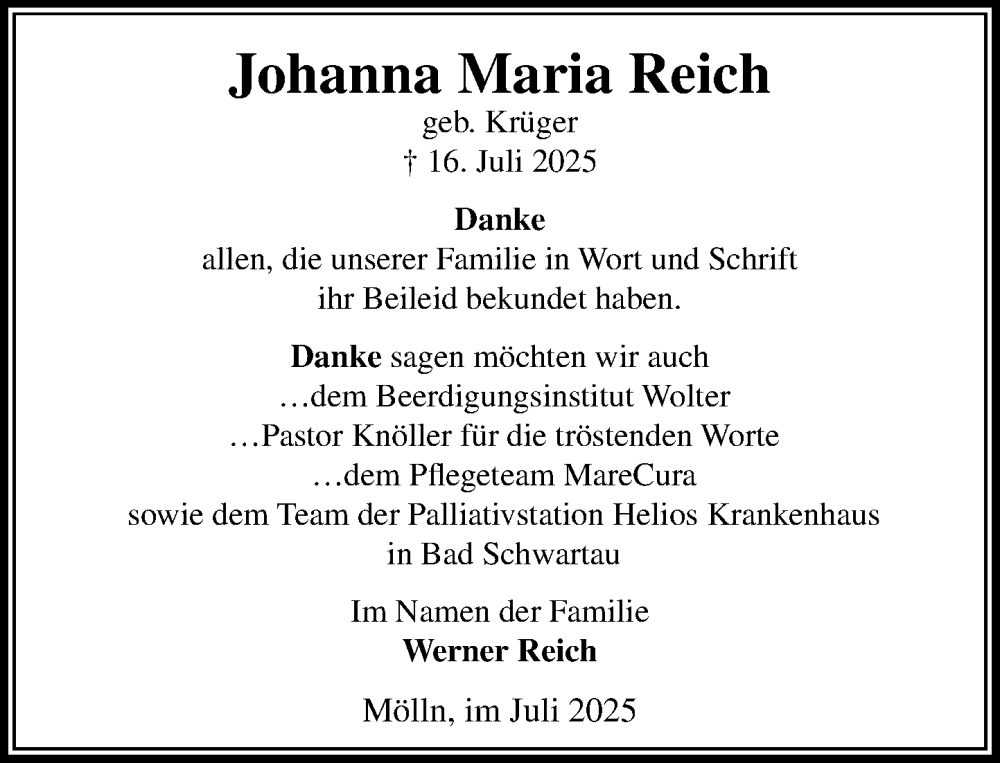  Traueranzeige für Johanna Maria Reich vom 09.08.2025 aus MARKT Ratzeburg/Mölln