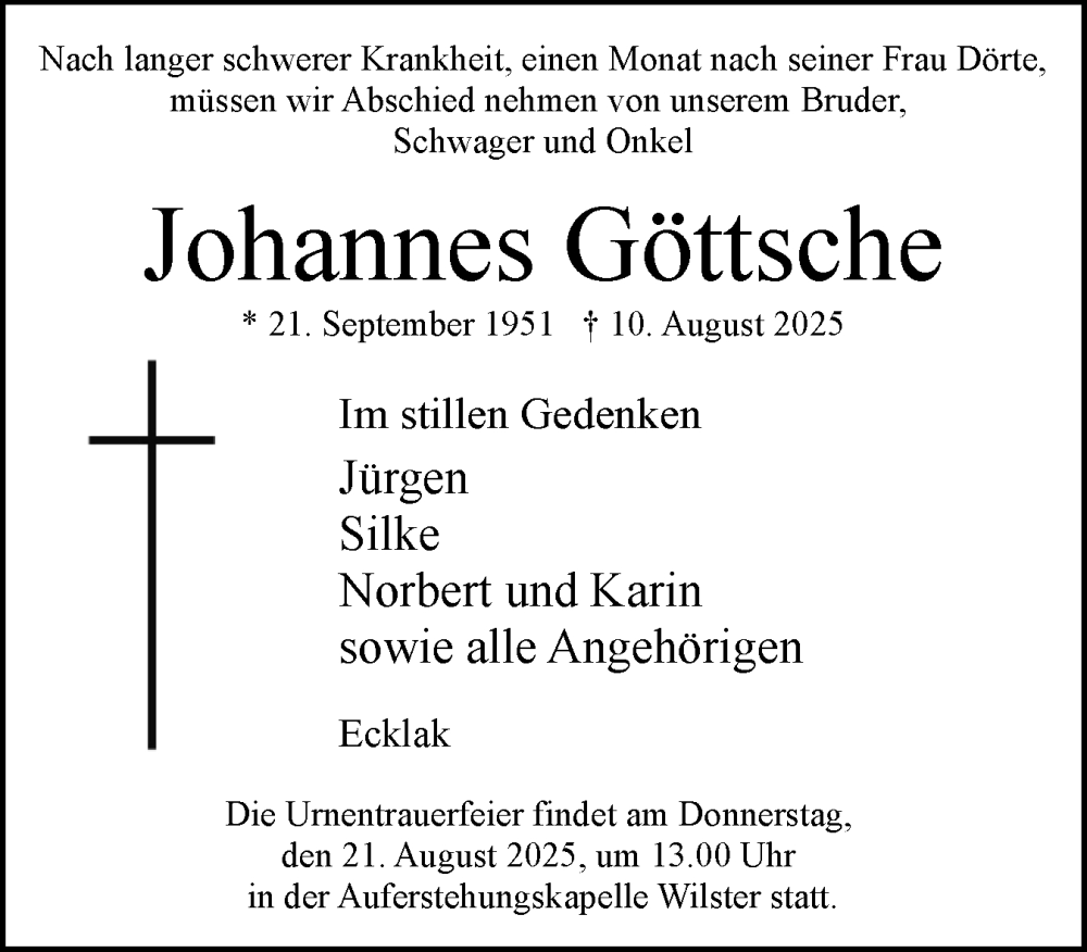  Traueranzeige für Johannes Göttsche vom 16.08.2025 aus Norddeutsche Rundschau, Wilstersche Zeitung, Glückstädter Fortuna