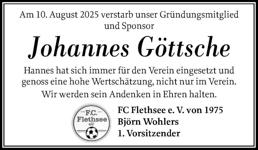  Traueranzeige für Johannes Göttsche vom 23.08.2025 aus Norddeutsche Rundschau, Wilstersche Zeitung, Glückstädter Fortuna