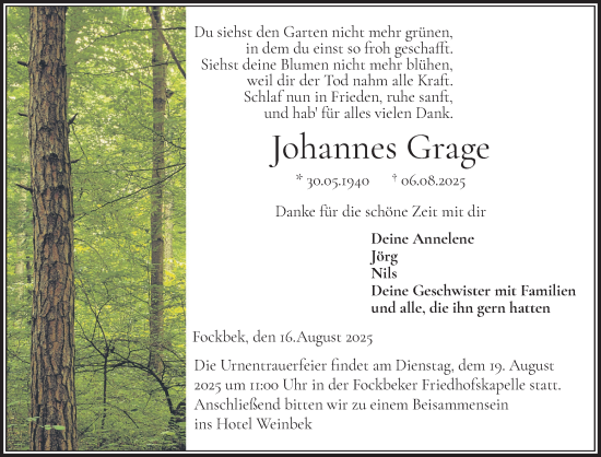 Traueranzeige von Johannes Grage von Schleswig-Holsteinische Landeszeitung