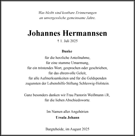 Traueranzeige von Johannes Hermannsen von MARKT Bad Oldesloe/Reinfeld, MARKT Ahrensburg/Bargteheide/Trittau und Stormarner Tageblatt