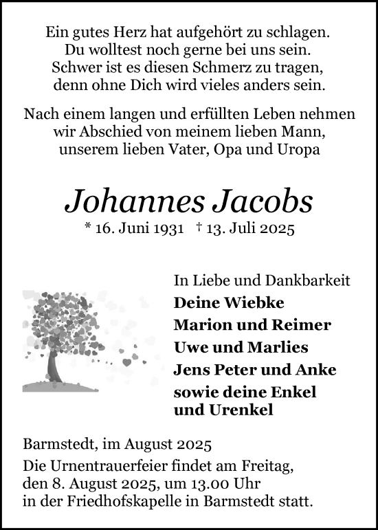 Traueranzeige von Johannes Jacobs von Elmshorner Nachrichten, Barmstedter Zeitung