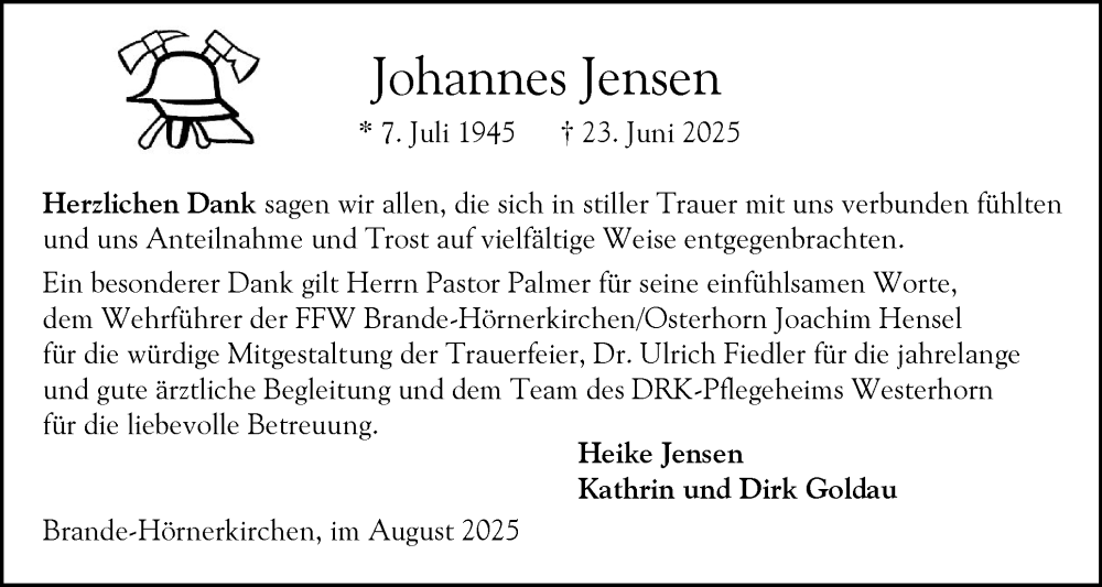  Traueranzeige für Johannes Jensen vom 09.08.2025 aus Elmshorner Nachrichten, Barmstedter Zeitung