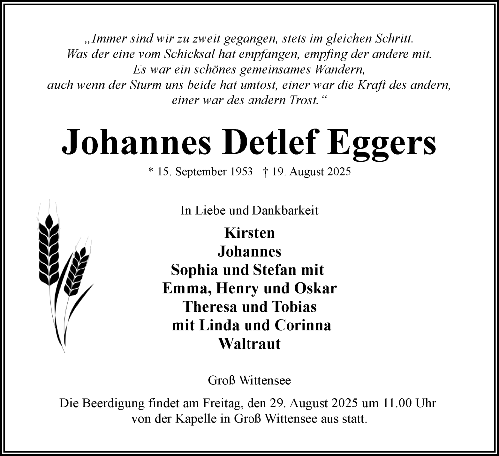  Traueranzeige für Johannes Detlef Eggers vom 30.08.2025 aus Eckernförder Zeitung, Hallo Eckernförde