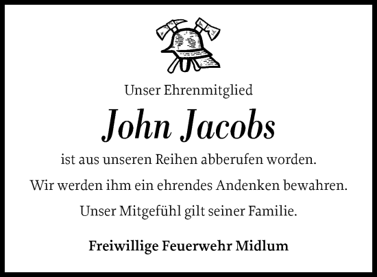 Traueranzeige von John Jacobs von Der Insel-Bote