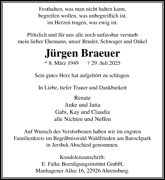 Traueranzeige von Jürgen Braeuer von MARKT Ahrensburg/Bargteheide/Trittau und Stormarner Tageblatt