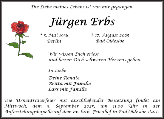 Traueranzeige von Jürgen Erbs von MARKT Bad Oldesloe/Reinfeld und Stormarner Tageblatt