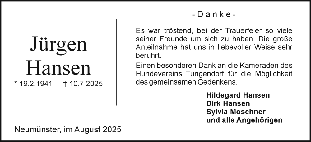  Traueranzeige für Jürgen Hansen vom 02.08.2025 aus Holsteinischer Courier