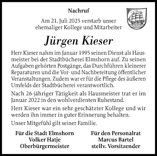 Traueranzeige von Jürgen Kieser von Elmshorner Nachrichten, Barmstedter Zeitung