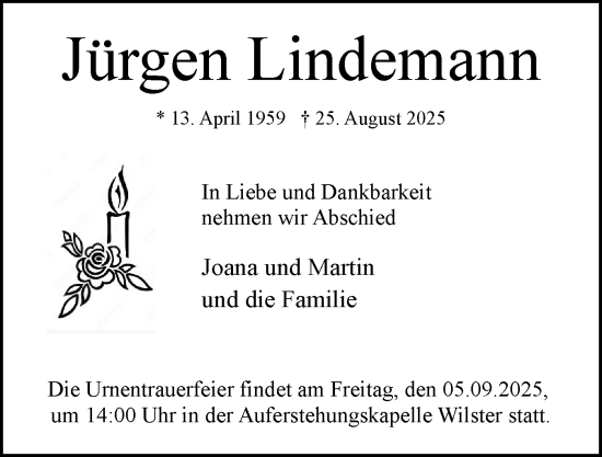 Traueranzeige von Jürgen Lindemann von Norddeutsche Rundschau, Wilstersche Zeitung, Glückstädter Fortuna