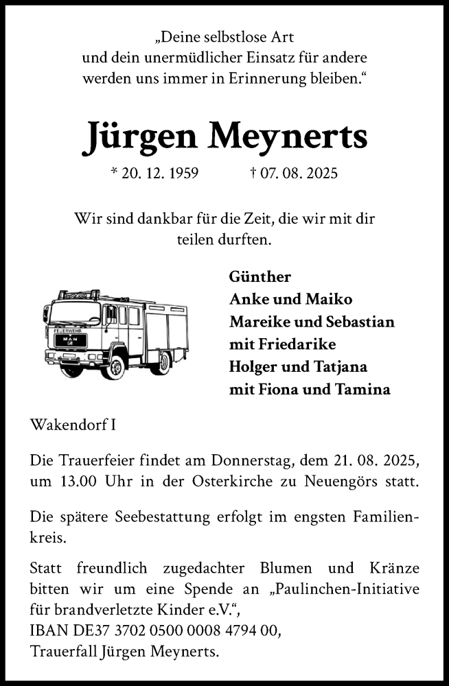  Traueranzeige für Jürgen Meynerts vom 16.08.2025 aus MARKT Bad Oldesloe/Reinfeld und Stormarner Tageblatt
