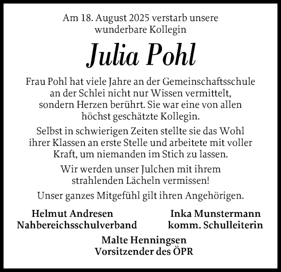 Traueranzeige von Julia Pohl von Schleswiger Nachrichten, Schlei-Bote